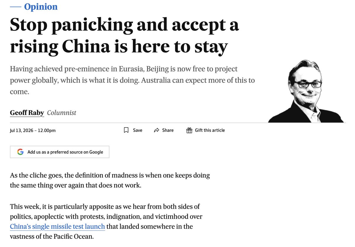 mhar4's tweet photo. "the near-hysteria in Australia" 

From Geoff Raby, who seems to be arguing for a different policy aesthetics from the Australian govt. on China? 

But elevating tone over substance would be better applied to Beijing and its hysteria towards Japan and the Philippines. https://t.co/wLlTRXE4Ij