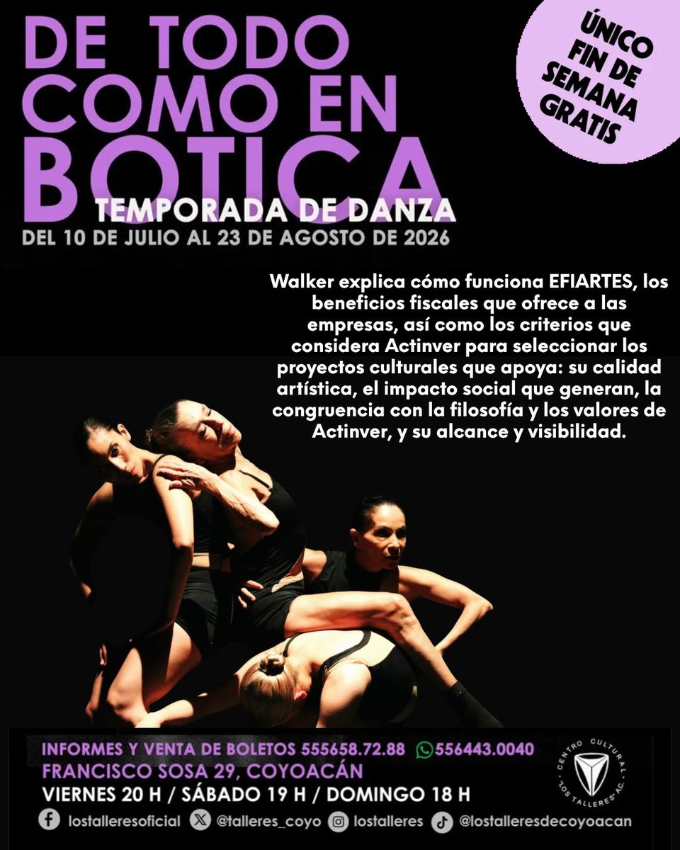 talleres_coyo's tweet photo. ¡Este fin de semana las funciones son GRATUITAS! 🎭✨
Ven a vivir "El camino de la vida" de Nemian Danza Escénica. Un proyecto con el respaldo de #EFIARTES y @Actinver.
🗓️ 17, 18 y 19 de Julio
⏰ Vie 20h / Sáb 19h / Dom 18h
📍 Francisco Sosa 29, Coyoacán https://t.co/XOvrzcqKPf