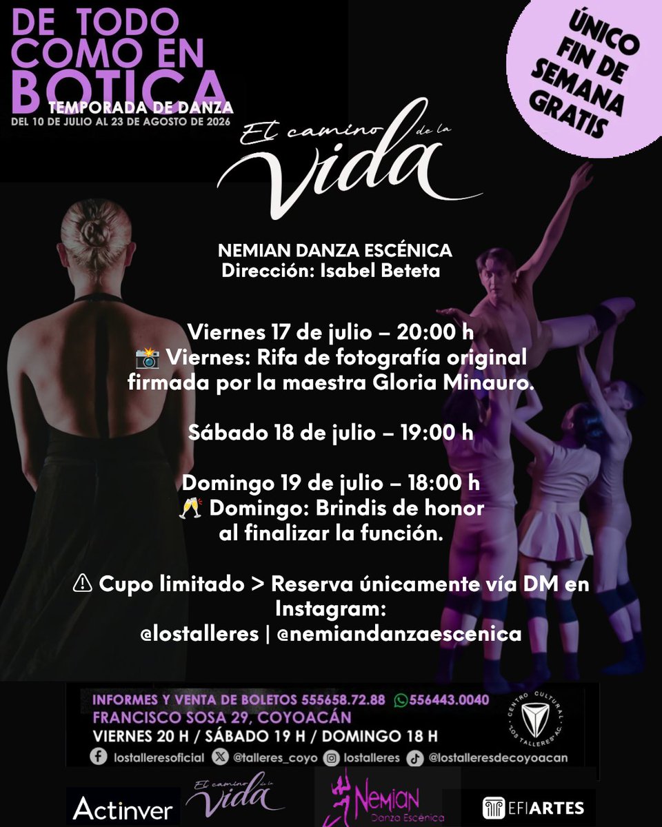 talleres_coyo's tweet photo. @Actinver @TQuieroCoyoacan @nemiandanza @isadanza54 🎁 SORPRESAS:
📸 Viernes: Rifa de foto original firmada por Gloria Minauro.
🥂 Domingo: ¡Cerramos con un brindis de honor!
⚠️ CUPO LIMITADO. Reserva únicamente por mensaje directo (DM) de Instagram en:
👉 @lostalleres y @nemiandanzaescenica 📩
#DanzaContemporánea #EntradaLibre https://t.co/hlJ1dDJZpR