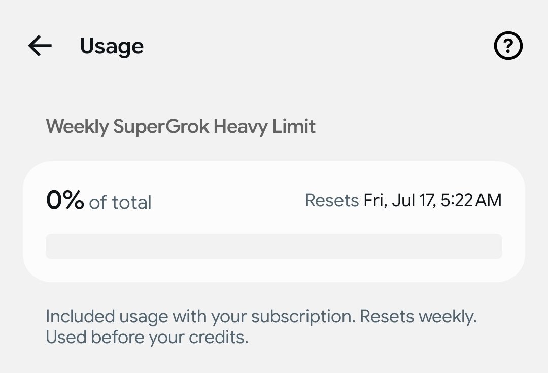 AudoraTech's tweet photo. SpaceXAI just gave SuperGrok users a surprise rate-limit reset 😍

I was literally just about to hit my weekly limit, and now my usage has reset back to 0%

Back to pushing Grok 4.5 to its limits https://t.co/BmVxldVRCu