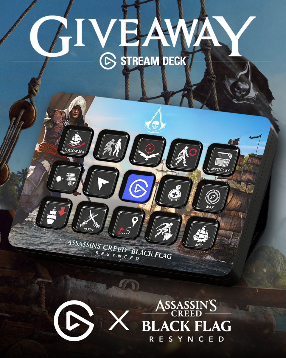 elgato's tweet photo. 🏴‍☠️ GIVEAWAY 🏴‍☠️

We've teamed up with @Ubisoft to give away a key for Assassin's Creed Black Flag Resynced (PC, Xbox, or PS5) + an exclusive Stream Deck!

To enter:
⚓️ Follow @elgato and @Ubisoft
❤️ Like + Repost
🦜 Reply your favorite Assassin's Creed GIF with #AssassinsCreed

Winner will be selected July 22nd, good luck.