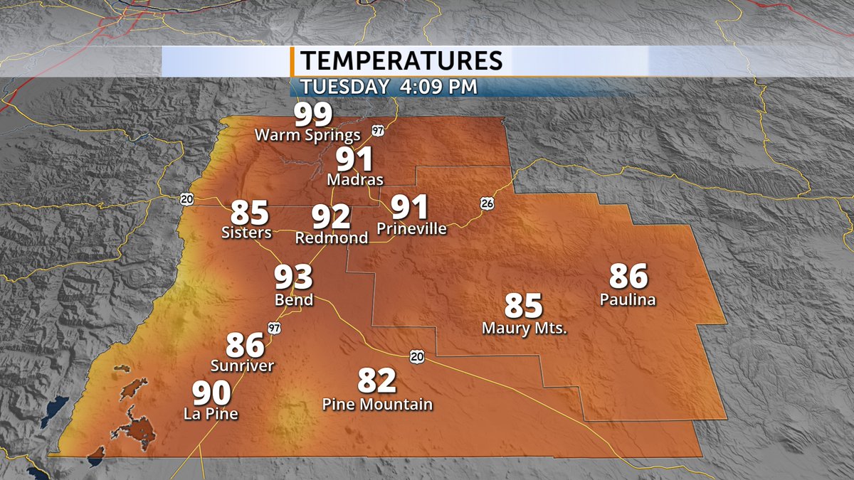 WenningWx's tweet photo. More heat and PM storms before a Weather Win, Thursday-
Until then, 90s/80s more PM storms Wed. Gusty for many.

Join us tonight on @CODaily for your most reliable forecast. #ORwx #forecast #weather #Oregon #CentralOregon

More > https://t.co/ft2WAeIIew https://t.co/9ossXAv3dp