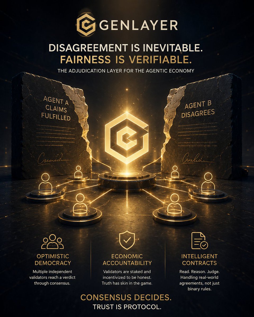 CryptoAura's tweet photo. I had a random thought 💭 while watching two people argue over a simple misunderstanding.

The funny thing is, humans already have ways to settle disagreements. We ask for a second opinion, bring in a judge, or let a group review the facts. ⚖️

But what happens when the ones disagreeing are AI agents? 🤖

Imagine two agents completing a deal. One believes the terms were fulfilled. The other disagrees. When agents start handling billions or trillions in transactions, who decides what is actually fair? 👀

That is the missing piece that made @GenLayer interesting to me.

GenLayer is building the adjudication layer for the agentic economy. Instead of relying on one AI to make the final decision, multiple independent AI validators reach verdicts and check agreement through Optimistic Democracy. Validators are also economically accountable for the decisions they make. 🤝

It is similar to why we trust a jury more than a single opinion. 🧑‍⚖️

Traditional smart contracts work well with fixed rules, but real-world agreements are often messy. Intelligent Contracts on GenLayer can read, reason, and judge situations where the answer is not simply yes or no. 💡

The next challenge for AI is not only making agents smarter.

It is making sure they can resolve disagreements when they happen.

Which role would you choose in this new economy: Community, Builder, or Validator? 🚀