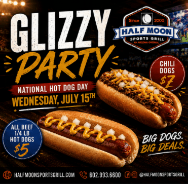 HalfMoonAZ's tweet photo. Glizzy Party at The Moon on Wednesday for National Hot Dog Day Chef JC will be serving up all-beef dogs and chili cheese dogs all day, so come hungry and celebrate with us! #NationalHotDogDay #HalfMoonSportsGrill #GlizzyParty https://t.co/dri2x1h4qs