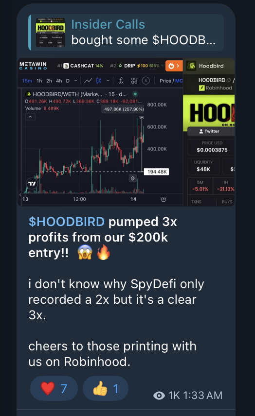 gem_insider's tweet photo. our Robinhood plays so far:  🤯

6x profits for $HOODRAT 
12x profits for $1
4x profits for $HOODBIRD 
3x profits for $BYCOCKET https://t.co/seBWFROcy2