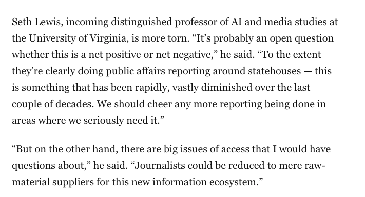 SethCLewis's tweet photo. It feels more official now that I've been quoted as a professor at the University of Virginia!

From a story in today's WaPo: https://t.co/XM8MREInPg

These questions re: AI and news are a key part of our new book, out next month; sign up to read for free: https://t.co/DyHOKtySEn https://t.co/cV2CP3bKW2