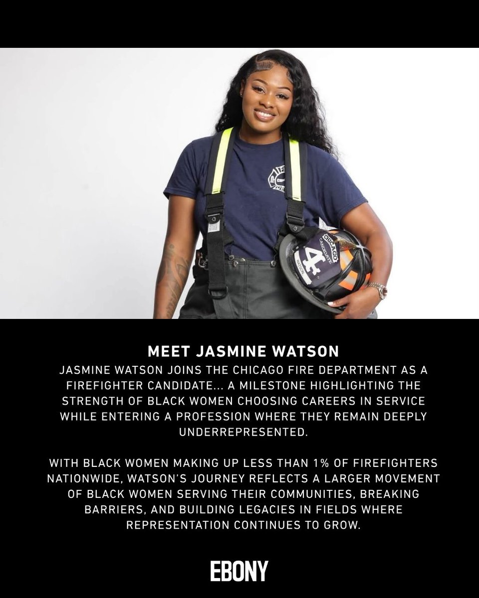 EBONY's tweet photo. Some people step into the fire... others create a path through it. Jasmine Watson is doing both.

As the newest firefighter candidate for the Chicago Fire Department, Jasmine is stepping into a profession where Black women make up less than 1% of firefighters nationwide... making her journey about more than the uniform. It represents the strength of Black women choosing careers built on service, leadership, and community impact.

Her story is a reminder that representation creates possibilities. When Black women step into spaces where they’ve long been underrepresented, they don’t just open doors... they help create new paths for those coming next.

Who is someone whose journey showed you that you belonged in spaces you once thought were out of reach? 🖤

Credit:
@iamcharlesgipso