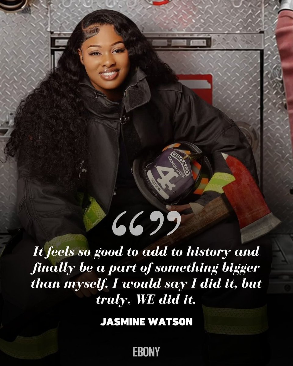 EBONY's tweet photo. Some people step into the fire... others create a path through it. Jasmine Watson is doing both.

As the newest firefighter candidate for the Chicago Fire Department, Jasmine is stepping into a profession where Black women make up less than 1% of firefighters nationwide... making her journey about more than the uniform. It represents the strength of Black women choosing careers built on service, leadership, and community impact.

Her story is a reminder that representation creates possibilities. When Black women step into spaces where they’ve long been underrepresented, they don’t just open doors... they help create new paths for those coming next.

Who is someone whose journey showed you that you belonged in spaces you once thought were out of reach? 🖤

Credit:
@iamcharlesgipso