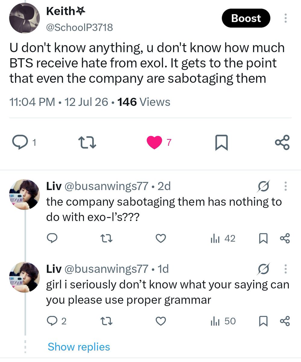 SchoolP3718's tweet photo. @busanwings77 @___nessie16 @QBee_chic Both exo and BTS got sabotage by the SM. SM are so busy sabotaging BTS they they forgot EXO, and read stuff where? U didn't mention nothing, r u high? R u perhaps a kids or something? Cuz srsly u don't make sense anymore https://t.co/Y3r00RBd2J