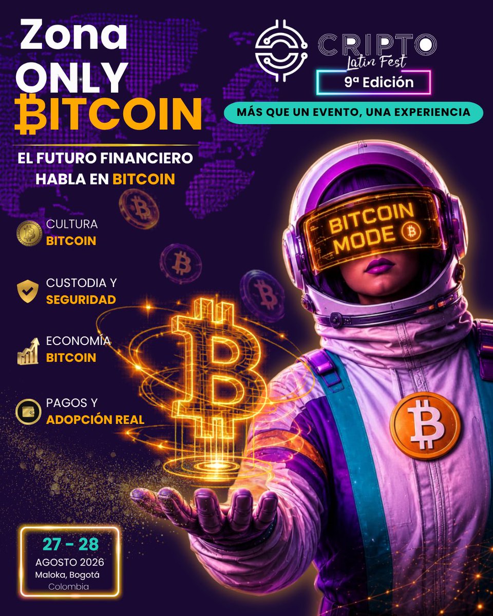 Criptolatinfest's tweet photo. 🚀 Hay quienes hablan de Bitcoin… y hay quienes lo viven. ₿

En la Zona Only Bitcoin de la 9.ª edición de Cripto Latin Fest, descubrirás por qué Bitcoin es mucho más que un activo: es una revolución que está transformando la forma en que entendemos el dinero, la libertad financiera y la adopción global. 🌍⚡

Prepárate para explorar temas como:
🟠 Cultura Bitcoin
🔐 Custodia y seguridad
📈 Economía Bitcoin
💳 Pagos y adopción real

Si quieres entender el presente y el futuro del ecosistema Bitcoin, este será tu lugar. 🔥

📍 Maloka, Bogotá
📅 27 y 28 de agosto de 2026

✨ Cripto Latin Fest 9.ª edición: más que un evento, una experiencia.

🎟️ Asegura tu entrada en https://t.co/HNwFmMG4v5

#CriptoLatinFest #CLF2026 #OnlyBitcoin #Bitcoin #BTC #BitcoinEducation #AdopciónBitcoin #EconomíaBitcoin #CulturaBitcoin #Blockchain #AprendeConCLF