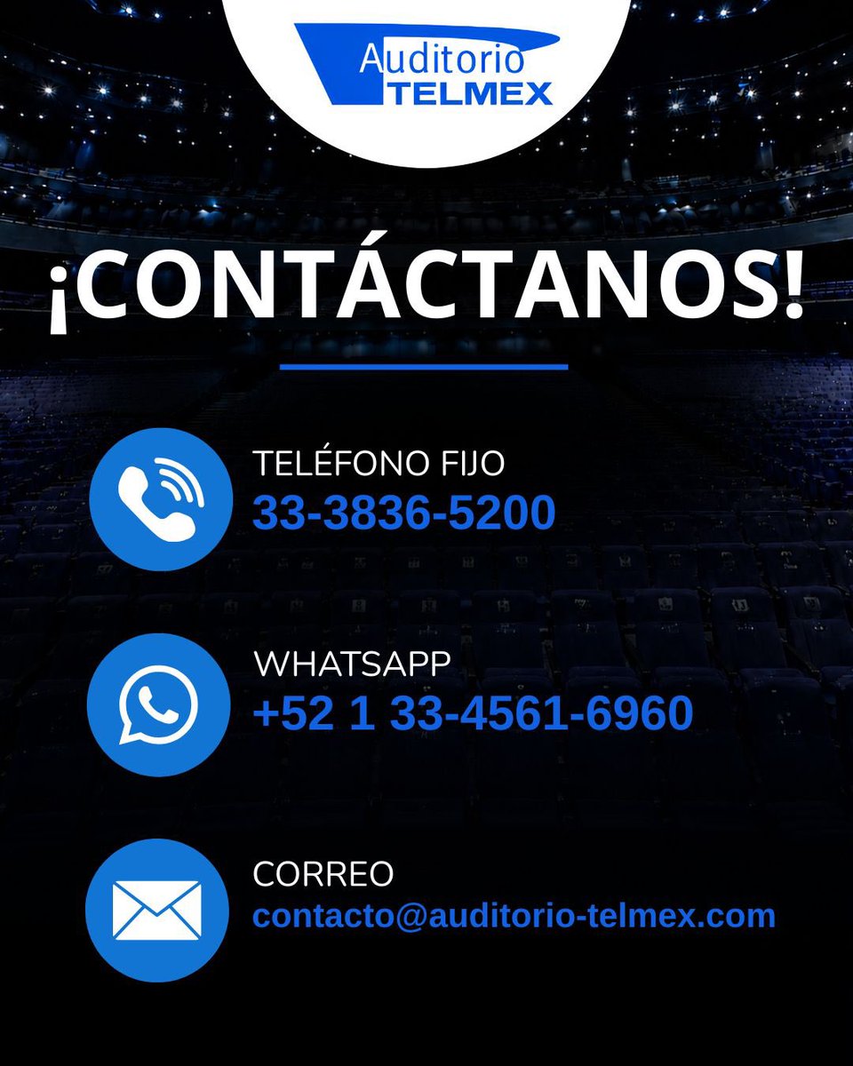 AuditorioTelmex's tweet photo. Estamos para ayudarte antes, durante y después de cada show. 💙

¿Tienes dudas sobre boletos, accesos u horarios? Contáctanos:

📲 WhatsApp: +52 1 33 4561 6960
☎️ 33 3836 5200
📧 contacto@auditorio-telmex.com

Estamos a tu disposición para brindarte la información que necesites. https://t.co/j0fP39wS2Z
