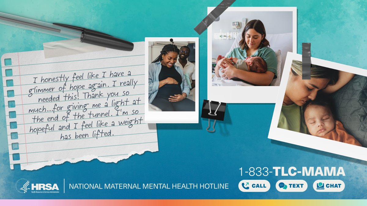 HRSAgov's tweet photo. The National Maternal Mental Health Hotline is here to offer you a glimmer of hope. A trained counselor can provide you with free, confidential support and referrals, 24/7. Reach out today to get the help you need. https://t.co/FECc57BuhB