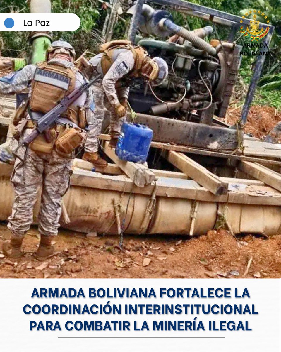 ArmadaBoliviana's tweet photo. 🤝⛏️ La #ArmadaBoliviana fortalece la coordinación con la AJAM y la Policía Boliviana – POFOMA para planificar acciones conjuntas contra la minería ilegal y proteger los recursos naturales del Estado. 🇧🇴🌿

🛡️ Trabajo articulado para preservar el patrimonio nacional. https://t.co/4KQy51nFCB