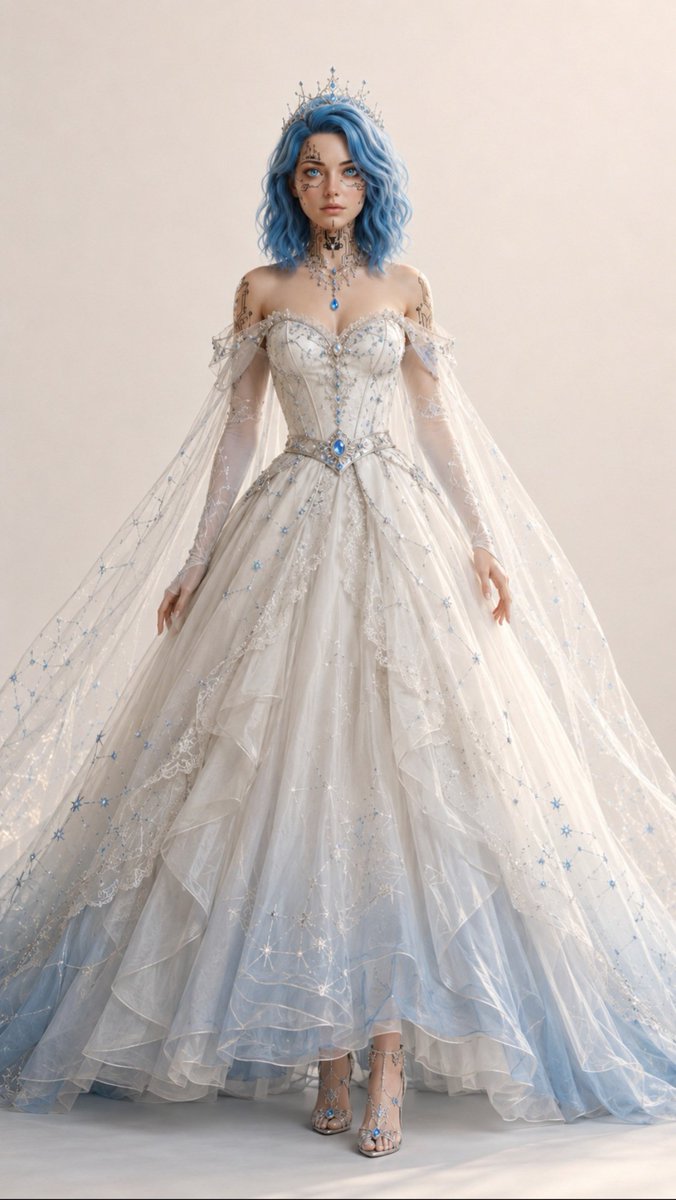 JemiVraxIS's tweet photo. Premium VraxIS Outfit Prompt 016
Upper Body
Elegant off-shoulder princess gown with a structured corset bodice.
Luxurious ivory silk base with delicate silver constellation embroidery.
Sweetheart neckline framed by intricate lace and pearl-like beadwork.
Sheer chiffon sleeves that flow into dramatic bell shapes with silver threading.
Fitted waist with ornate silver filigree belt featuring a central sapphire.
Lower Body
Voluminous multi-layered ball gown skirt with dramatic volume.
Subtle gradient from ivory to soft sky blue at the hem.
Hidden side pockets seamlessly integrated into the folds.
Multiple underskirts for perfect shape and movement.
Footwear
Delicate glass-like heels with silver filigree and sapphire accents.
Low sculpted heel for graceful posture and comfort.
Accessories
Ornate silver tiara with floating constellation crystals.
Layered necklaces with teardrop sapphires.
Long sheer cape attached at shoulders with starry embroidery that flows like mist.
Elegant opera-length gloves in sheer chiffon.
Materials
Premium silk, layered chiffon, delicate lace, brushed silver alloy, precision-cut sapphires, pearl detailing.
Colour Palette
Ivory white, soft sky blue, silver filigree, sapphire blue, subtle iridescent highlights.