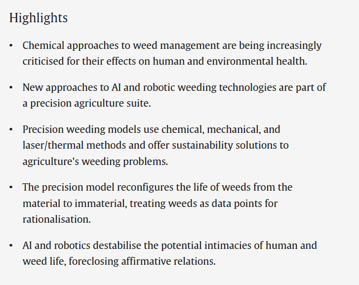 GEC_Journal's tweet photo. 🌱New Research: "The bare life of weeds: A biopolitics of AI and robotic agricultural Weed Technologies"

🌎Read more of this important work #OpenAccess in GEC: https://t.co/DRp50XkW9L https://t.co/IXQawzAgbe