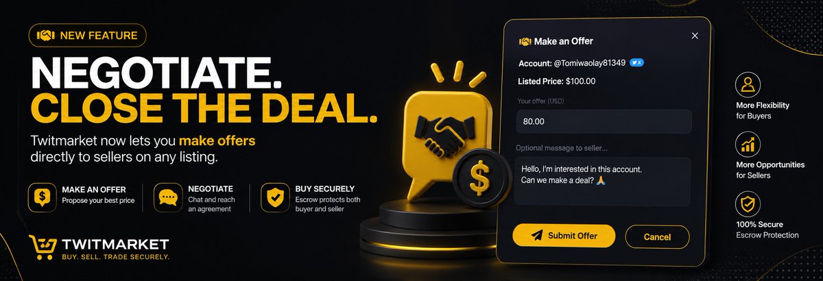 twitmarket_app's tweet photo. New feature on Twitmarket.

You can now Make an Offer on any listing.

Not every account has to sell at the listed price.

Twitmarket now lets buyers send offers directly to sellers.

Better deals. More negotiations. More completed trades.

Give it a try.

https://t.co/SiCMZHPiAM https://t.co/RB0sAMBVZO
