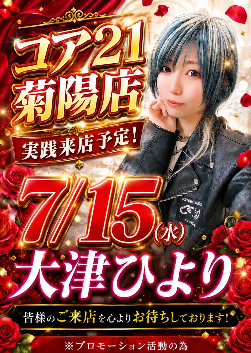 Hiyori_JOKER's tweet photo. おはようございます☀️

本日７月１５日(水)
大津ひより
コア21菊陽店 様にて実践来店です🎰❤️‍🔥

本日なんと⋆⸜創業日 ⸝‍⋆
ただいま整理券配布中‼️
9:40～抽選開始‼️
いつもより抽選にドキドキだ〜っ😳

ぜひ会いにきて🫶

#PR 
#コア21菊陽店 https://t.co/jFRpTOq6n1