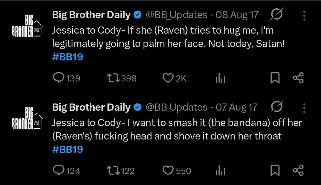 thunderstribal's tweet photo. literally just go to big brother daily's account and search #bb19 and the entire thing is a gold mine 😭 https://t.co/HVon6SaXE6