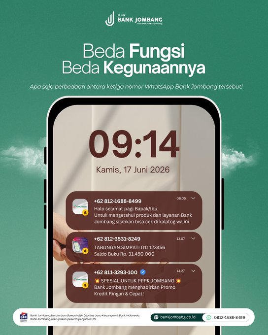 MuhamadImamJul2's tweet photo. Halo Sobat Bank Jombang!

Ternyata nomor WhatsApp Bank Jombang ada 3, lho. Masing-masing punya tugas yang berbeda agar pelayanan semakin cepat dan mudah.

Yuk simpan ketiga nomornya sekarang, siapa tahu sewaktu-waktu dibutuhkan. https://t.co/V4IeWuMW8k
