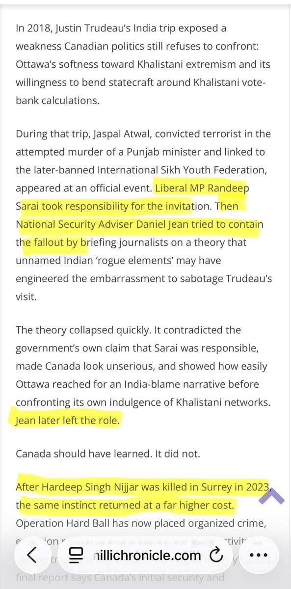WaliRuchi's tweet photo. The Khalistan issue has crossed party lines in 🇨🇦.

In 2018, during Justin Trudeau’s visit to 🇮🇳, a convicted terrorist attended an official event. MP @randeepssarai publicly accepted responsibility, be for the NSA coming up with other theories.

Later, @SukhDhaliwal supported petition e-4501, which described Hardeep Singh Nijjar as a ‘law-abiding Canadian’.

@PierrePoilievre, meanwhile, cancelled the Parliament Hill Diwali event.

Different parties. Same political blind spot & Khalistan vote pandering.

Carney’s treatment of the Khalistan issue on the other hand is a welcoming change.

See the article in the comments.