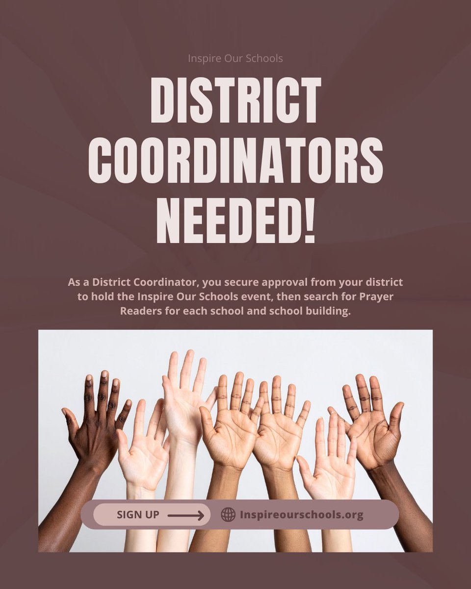 InspireOurSkls's tweet photo. Have a heart for prayer and your local schools? You could be the perfect District Coordinator.
Bring Inspire Our Schools to your district. Visit https://t.co/IIJaAXh3Yk to get involved!
The participating school districts have approved this event, but do not sponsor or endorse it. https://t.co/MZHWfWnOum