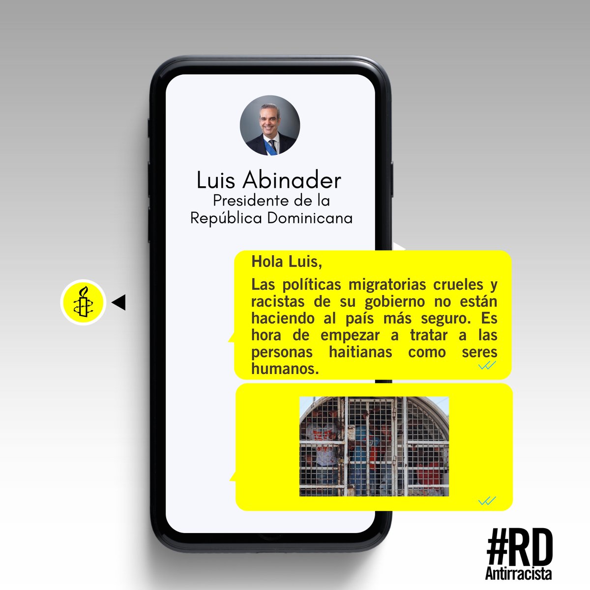 AmnistiaOnline's tweet photo. #RDAntirracista: Expulsar colectivamente a personas haitianas de la República Dominicana es cruel y racista.

Comparte para que el presidente @LuisAbinader reciba este mensaje.

Pídele a Luis Abinader, presidente de la República Dominicana:
– Poner fin a las expulsiones colectivas y a la discriminación racial.
– Garantizar el acceso a la salud sin discriminación.
– Respetar y proteger a quienes defienden la justicia racial y los derechos de las personas migrantes.

Firma la petición: https://t.co/BEaGMdw24q