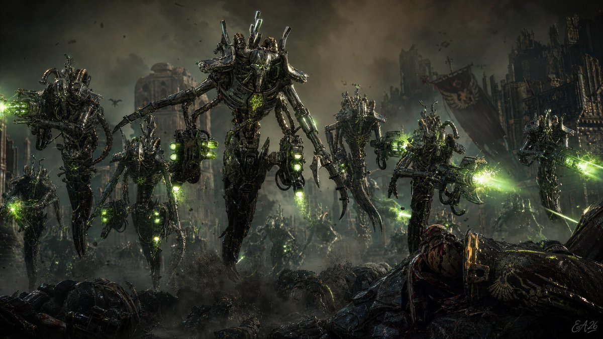 HairnetNation's tweet photo. Necron Destroyer Cult rampaging across a battlefield in Warhammer 40k. Grotesque, hovering Destroyers with heavily modified bodies, multiple gauss weapons, and horrific anti-organic hatred. https://t.co/qWPfW2KTqM