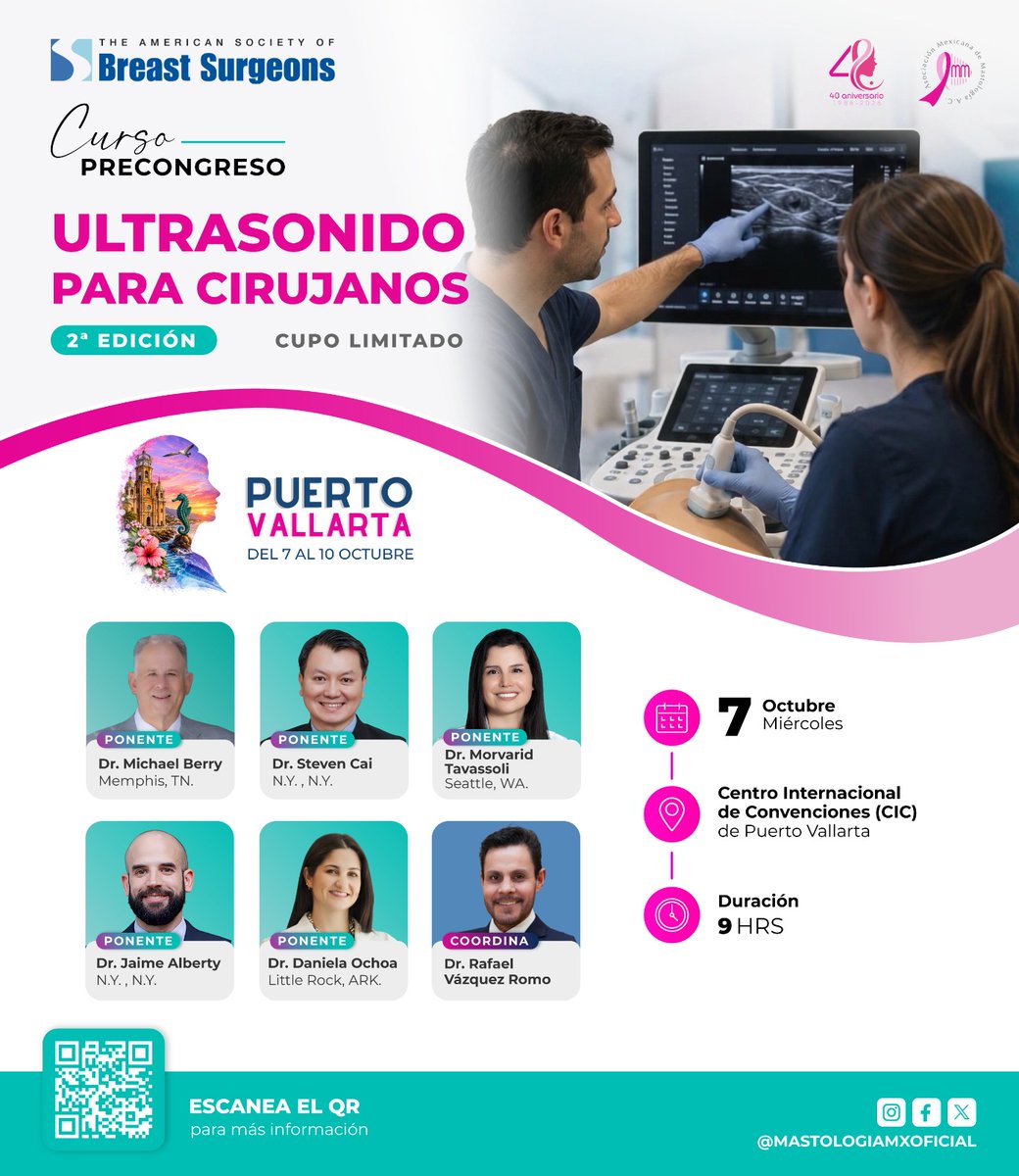 MastologiaMx's tweet photo. 🌎 ¡Forma parte de una experiencia académica internacional!
La AMM, en colaboración con ASBrS, te invita a la 2.ª Edición del Curso Precongreso de US para Cirujanos.
📍 Puerto Vallarta
🗓️ 7 de octubre de 2026
⚠️ Cupo limitado. ¡Inscríbete!
#MastologíaMX #AMM40Años #ASBrS #US https://t.co/J3QUOmKU7b