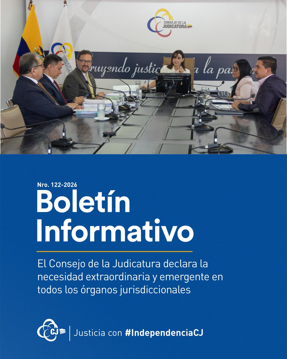 CJudicaturaEc's tweet photo. 📰 | #BoletínCJ

En sesión ordinaria Nro. 095-2026, el Pleno del Consejo de la Judicatura declaró la necesidad extraordinaria y emergente en todos los órganos jurisdiccionales que integran la Función Judicial, con el fin de enfrentar el déficit de jueces a escala nacional y garantizar la continuidad del servicio de justicia.

🔗 Conoce más: https://t.co/gmxD2QpV5V

#JusticiaConIndependenciaCJ ⚖️