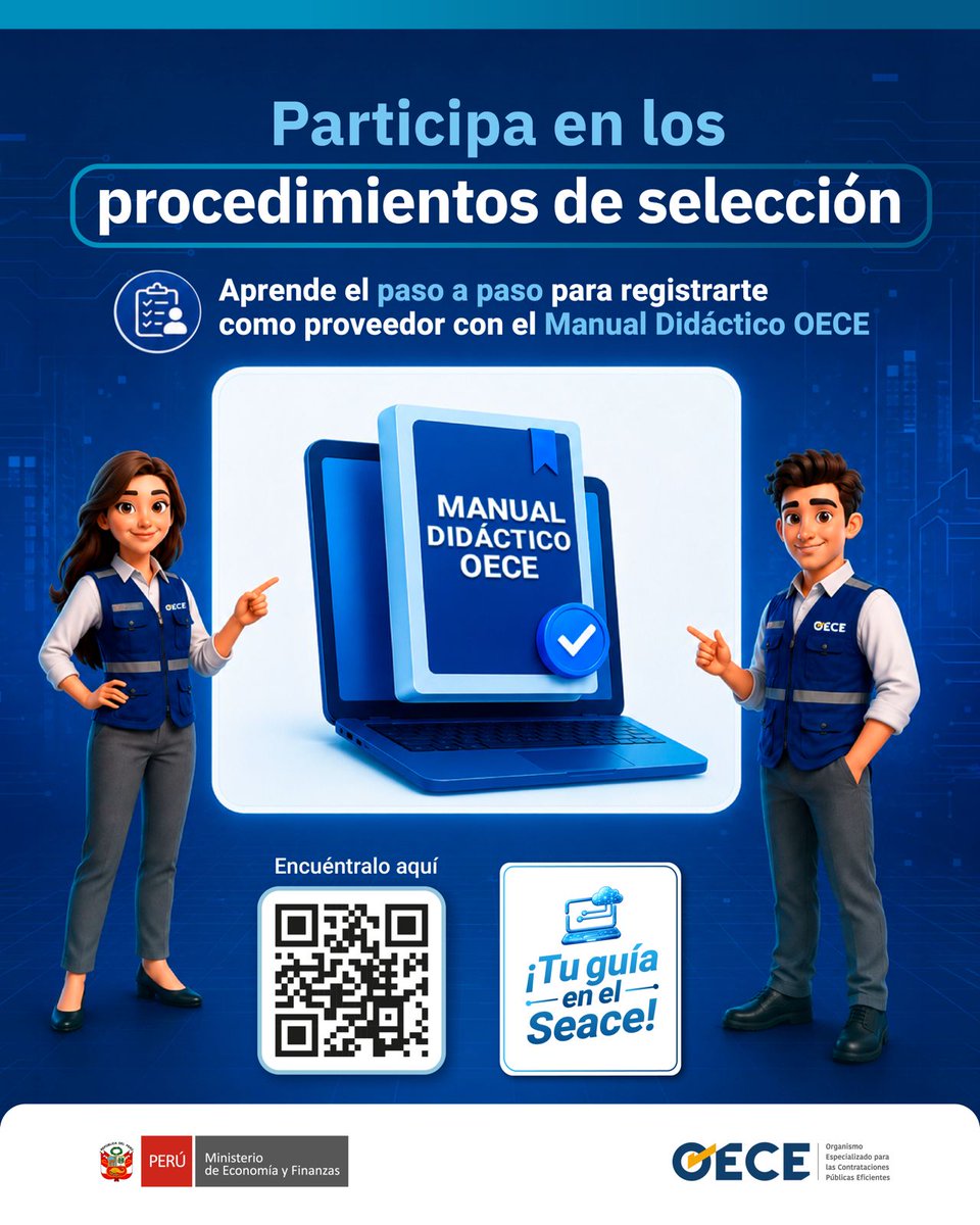 OECEPeru's tweet photo. 👷‍♀️🧑‍💼👨‍🏭👩‍💼Proveedor: ¿Quieres venderle al Estado? 
📘 Revisa el manual didáctico del #OECE 👉🔎 https://t.co/6QSupOzsbj y aprende, de manera práctica y sencilla, cómo participar en los procedimientos de selección, cumplir con los requisitos y presentar tu oferta correctamente. https://t.co/KY1mUTz9Xs
