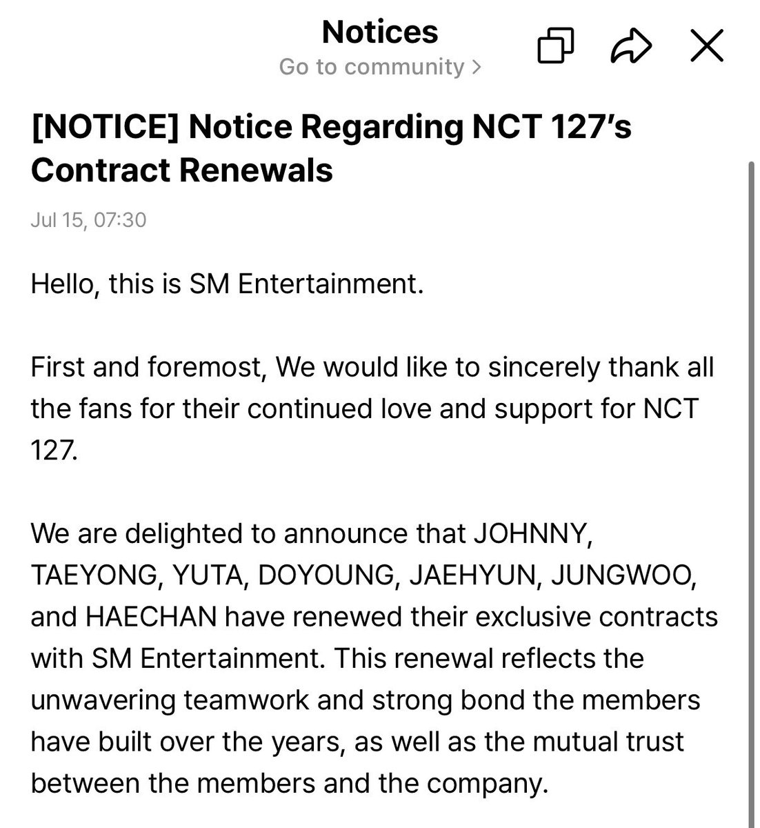 aftersomyniyai's tweet photo. ประกาศเกี่ยวกับการต่อสัญญาของ nct 127 เมมเบอร์ที่เหลืออยู่ 7 คนต่อกันครบทุกคนเลย 😭😭😭😭😭😭 

เอสเอมบอกว่า จะยังคงซัพพอร์ตกิจกรรมของ nct 127 อย่างเต็มที่ และจะเป็นพาร์ตเนอร์ที่ทุกคนไว้วางใจ ขณะที่��งก้าวเข้าสู่บท���หม่ของการเดินทาง https://t.co/7VSUnpcXAC