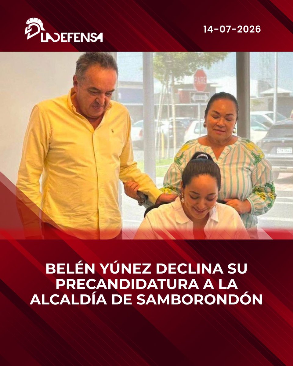 LaDefensaEc's tweet photo. BELÉN YÚNEZ RENUNCIA A SU PRECANDIDATURA A LA ALCALDÍA DE SAMBORONDÓN
Sin ofrecer mayores explicaciones, María Belén Yúnez, hija del exalcalde José Yúnez y hermana del actual alcalde Juan José Yúnez Nowak, oficializó su renuncia a la precandidatura a la Alcaldía de Samborondón por el Partido Social Cristiano (PSC). 

En una carta dirigida al presidente del Tribunal Electoral Provincial del Guayas, comunicó su decisión de declinar la postulación y solicitó que se inicien los trámites para su reemplazo. 

Confirmó públicamente su salida a través de sus redes sociales, diciendo que "poner en pausa el proyecto no es sencillo". 

Con esta decisión, el PSC deberá definir a un nuevo nombre para disputar la Alcaldía del cantón en las próximas elecciones seccionales.