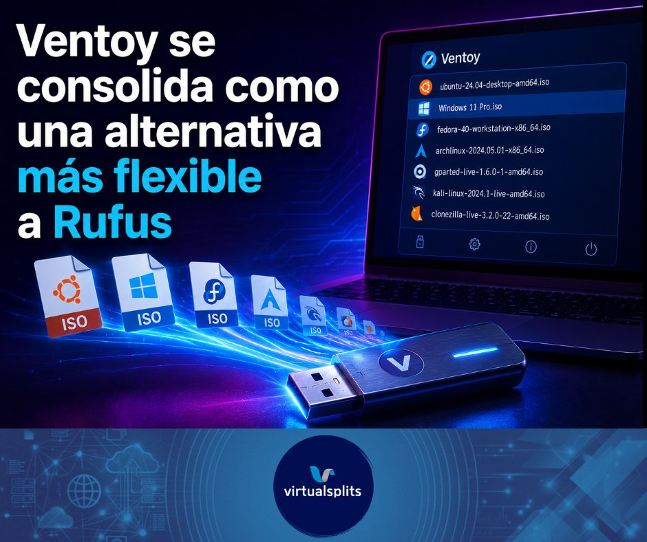 VirtualSplits's tweet photo. Ventoy permite crear memorias USB booteables sin formatearlas en cada uso. Basta con copiar las imágenes ISO para iniciar distintos sistemas operativos desde un mismo dispositivo, simplificando pruebas e instalaciones https://t.co/EYODjOjwSk https://t.co/BkXb7Ro5kH