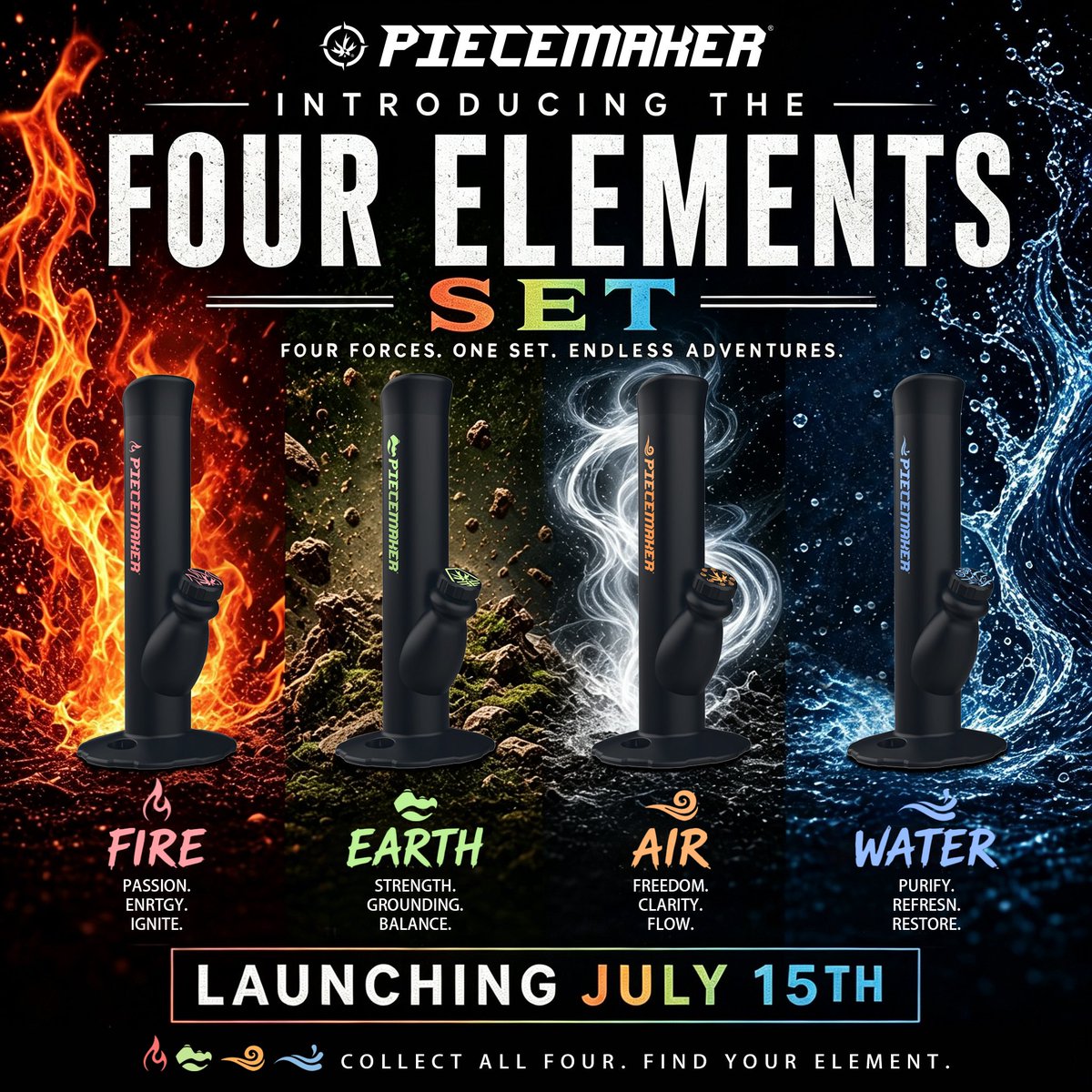 Piecemakergear1's tweet photo. 🌎🔥💨💧 Meet the PieceMaker Four Elements Set.

Four limited-edition colorways inspired by the forces of nature—Fire, Earth, Air &amp; Water.

Which element fits your next adventure?

🗓️ Launching July 15 https://t.co/fwVP3bus0h