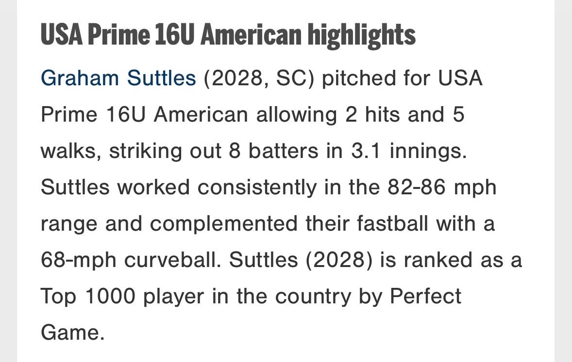 Graham_Suttles9's tweet photo. Another strong outing at PG 16U WWBA National Championship.  3.1 IP, 2 H, 8 K’s topping out at 86mph!
@CoachD_Smith1 
@JohnNester17 
@rxgrvs 
@Leo1260 
@GreerNewsSports https://t.co/Wf4D5KJXH1