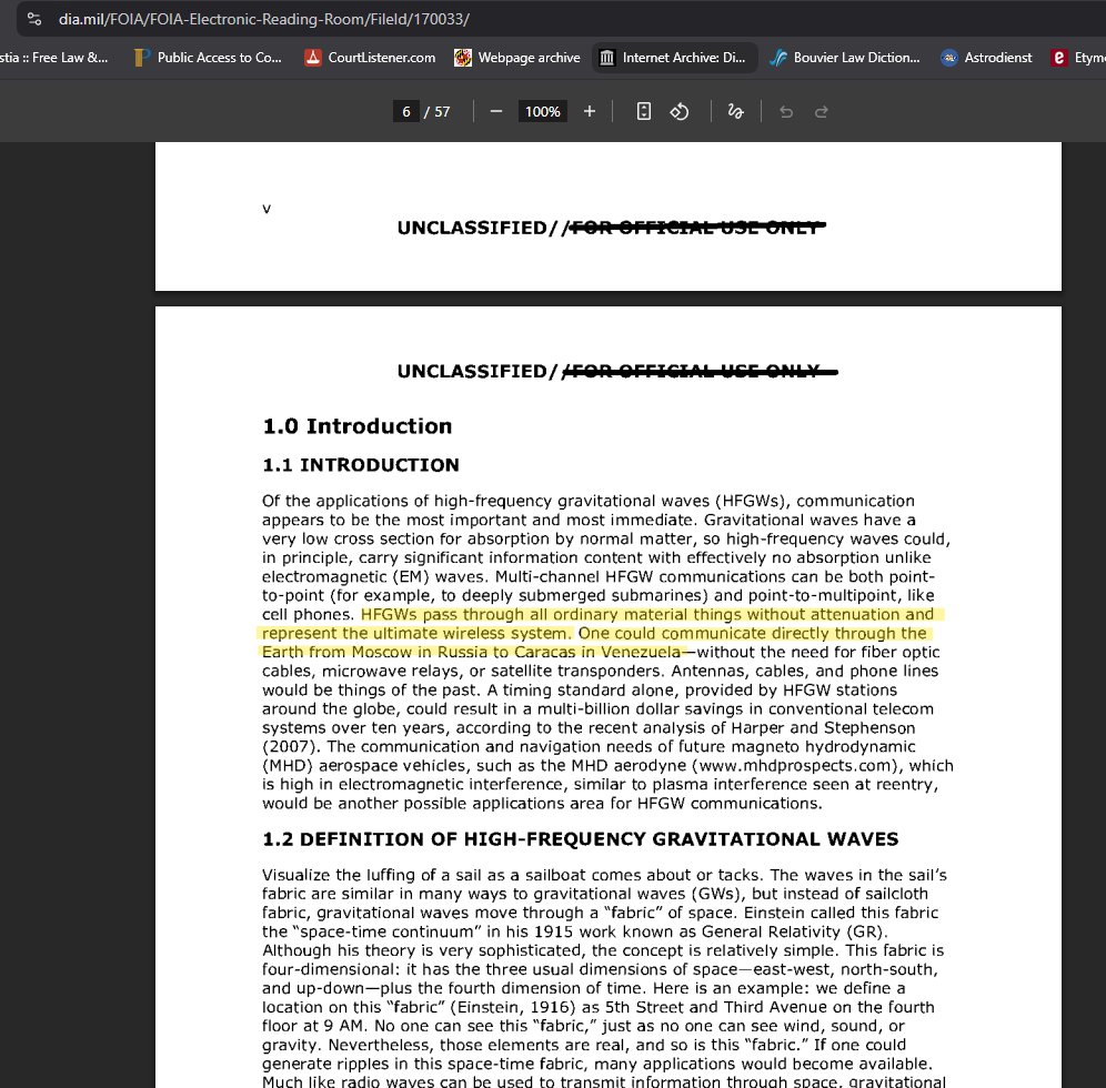 joshua__b's tweet photo. This isn't just theoretical physics; it's a documented intelligence priority.

The Defense Intelligence Agency (DIA) declassified a 2010 Defense Intelligence Reference Document (DIA-08-1004-005) titled "High-Frequency Gravitational Wave Communications." It explicitly confirms that HFGWs "pass through all ordinary material things without attenuation and represent the ultimate wireless system," noting they could communicate directly through the Earth to deeply submerged submarines.

The DIA report also confirms that China's research program, led by Fangyu Li, was already developing the most sensitive HFGW detectors over a decade ago.

When you realize the administrative state has been studying the weaponization and communication potential of this technology for decades, the Invention Secrecy Act of 1951 makes perfect sense. They aren't hiding the physics because it's impossible, they are hiding it because whoever controls HFGW and Zero-Point Energy controls the geopolitical board.

The slow drip of disclosure we are seeing now suggests they are finally being forced to ease the technology out. But we should be asking why it was dark-shelved while we were sold the "green energy" scarcity narrative instead.
