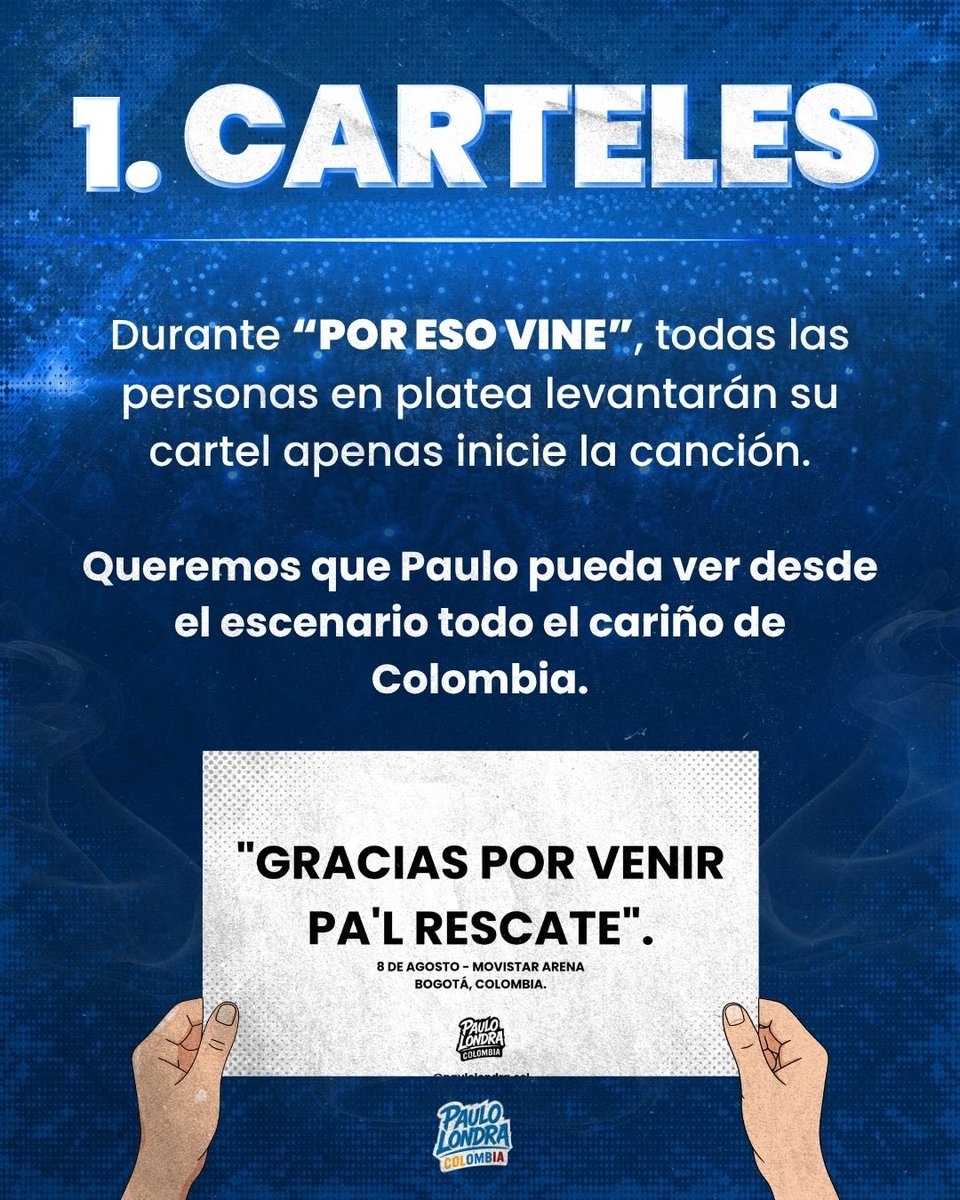 paulolondracol's tweet photo. 🇨🇴 ¡Fan Actions Oficiales!

Desliza, conoce cómo participar y hagamos que Paulo viva una noche inolvidable en Colombia. 💙✨
#PauloLondra #FanAction #Bogotá https://t.co/9XdmnOWLbw