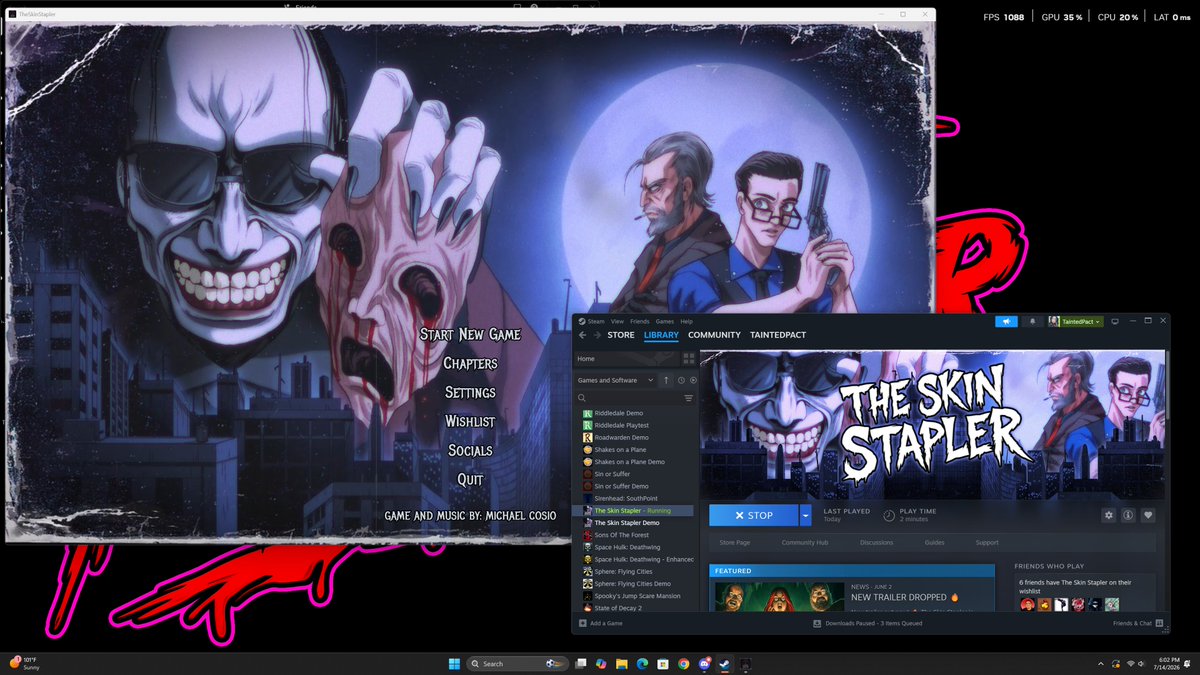 TaintedPact's tweet photo. I just launched the full version of The Skin Stapler on Steam for the first time and submitted it for release approval. Nine months of grinding and hard work, and the finish line is in sight. 🤘

#indiegame #indiegamedev #PSX #TheSkinStapler https://t.co/7nmYdwFSUH