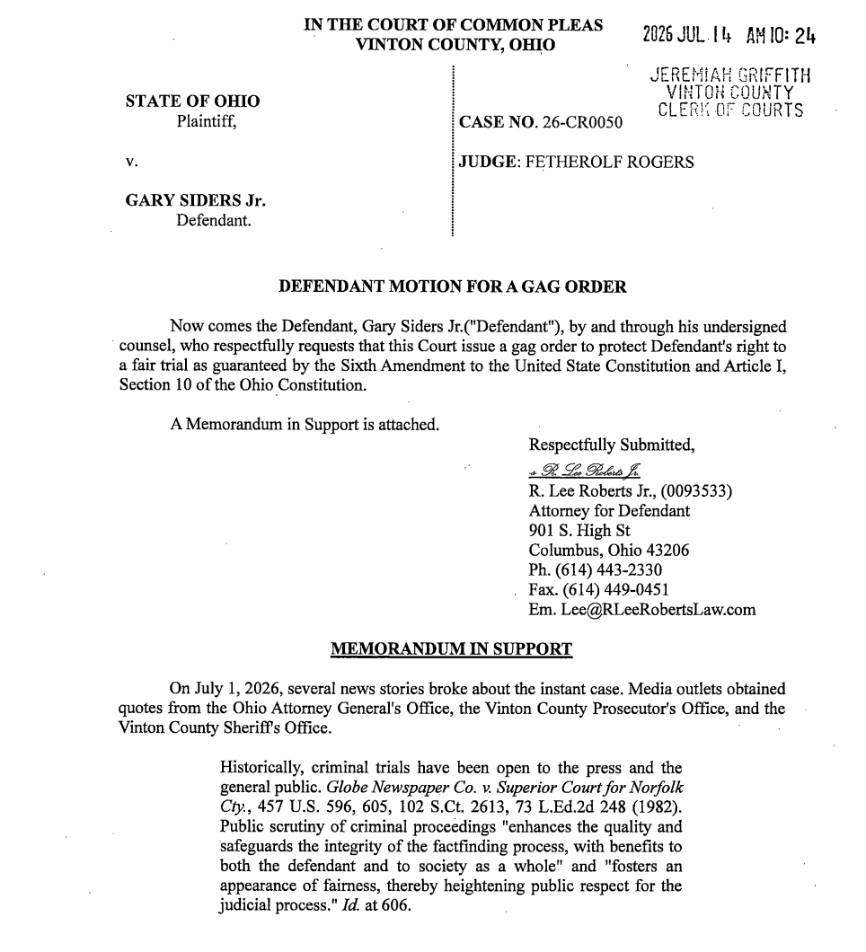 conlin_lauren's tweet photo. NEW: Gary Siders Jr.'s attorney is asking the judge for a gag order on public officials: including the Ohio Attorney General's Office, the Vinton County Prosecutor's Office, the Vinton County Sheriff's Office, and others involved in the case. He cites the previous statements as problematic and crossing the line:

-describing the case as "pure evil"
-saying the children looked "almost feral animals;"
-stating the family's livestock was kept in better conditions than the children;
-calling the home "disgusting" and filled with human feces;
-suggesting that if authorities had waited another 24 hours, there was a "very high probability" one or more children would have died