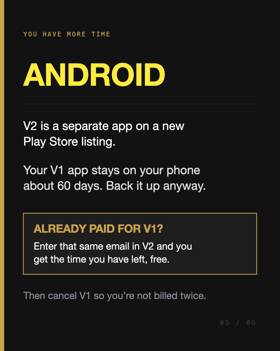 pocketbrainbook's tweet photo. Android — you've got more time.
 
V2 is a separate app on a new Play Store listing; your V1 app sticks around ~60 days.

Enter your V1 email in V2 and the time you already paid for carries over free. Then cancel V1 so you're not billed twice. https://t.co/OPfPGRHVdm