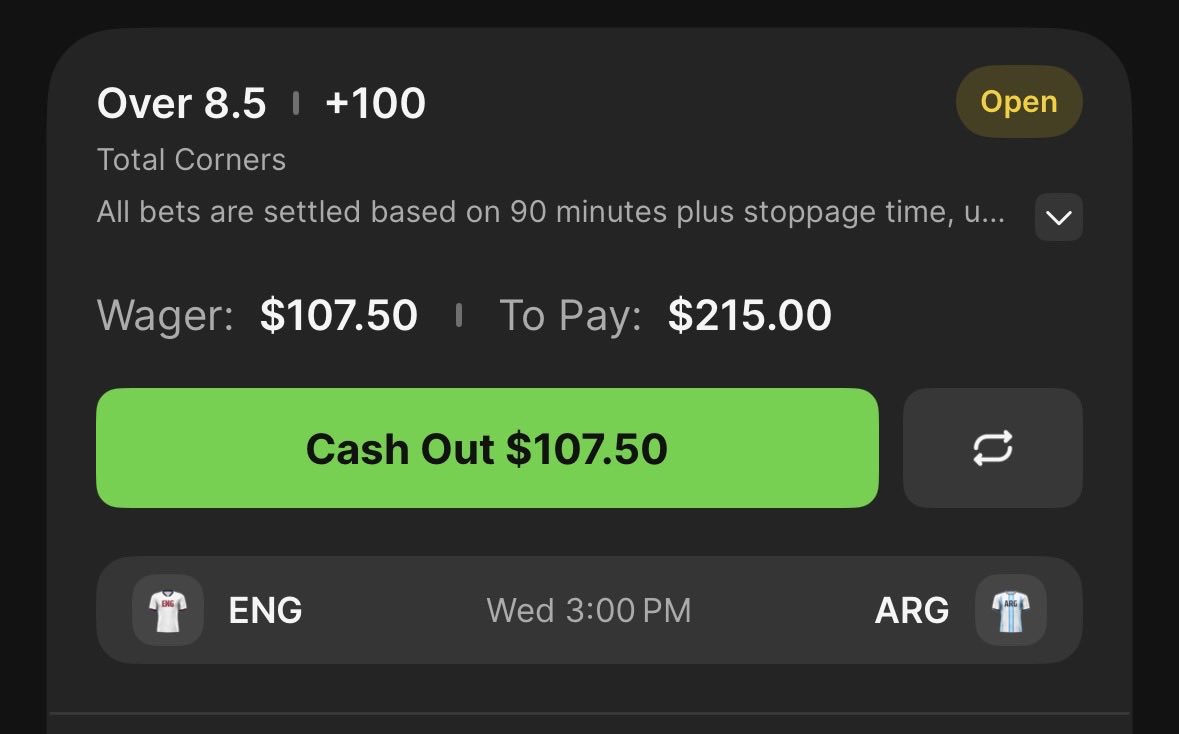 BetArbitrage's tweet photo. A free $7.50

Argentina/England

Fanatics Under 8.5 corners +115
$100 to win $115

DraftKings Over 8.5 corners +100
$107.50 to win $107.50 https://t.co/NK4Cs0DUFX