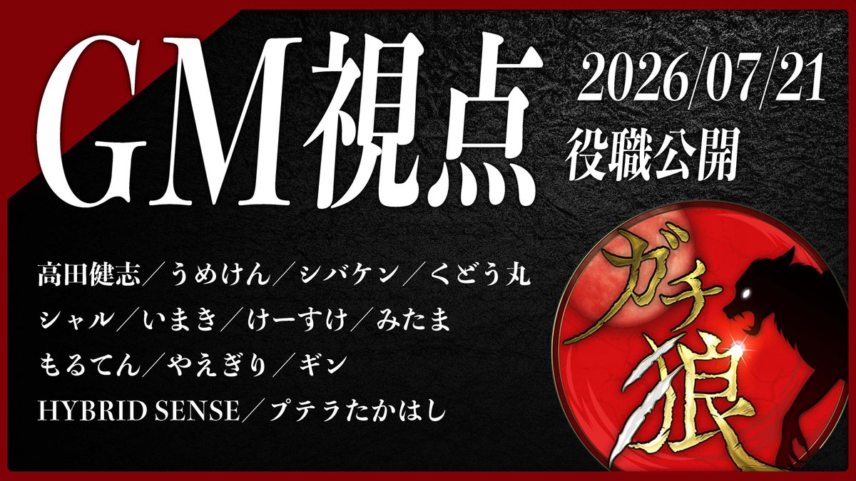 Yosugacchan's tweet photo. 【第18回】#ガチ狼 Season5／GM 髙橋ヨスガ視点 【ZOOM人狼 高田健志さん主催】

2026/07/21(火)20:00~配信スタート！

１：高田健志
２：うめけん
３：シバケン
４：くどう丸
５：シャル
６：いまき
７：けーすけ
８：みたま
９：もるてん
１０：やえぎり
１１：ギン
１２：HYBRID SENSE
１３：プテラたかはし