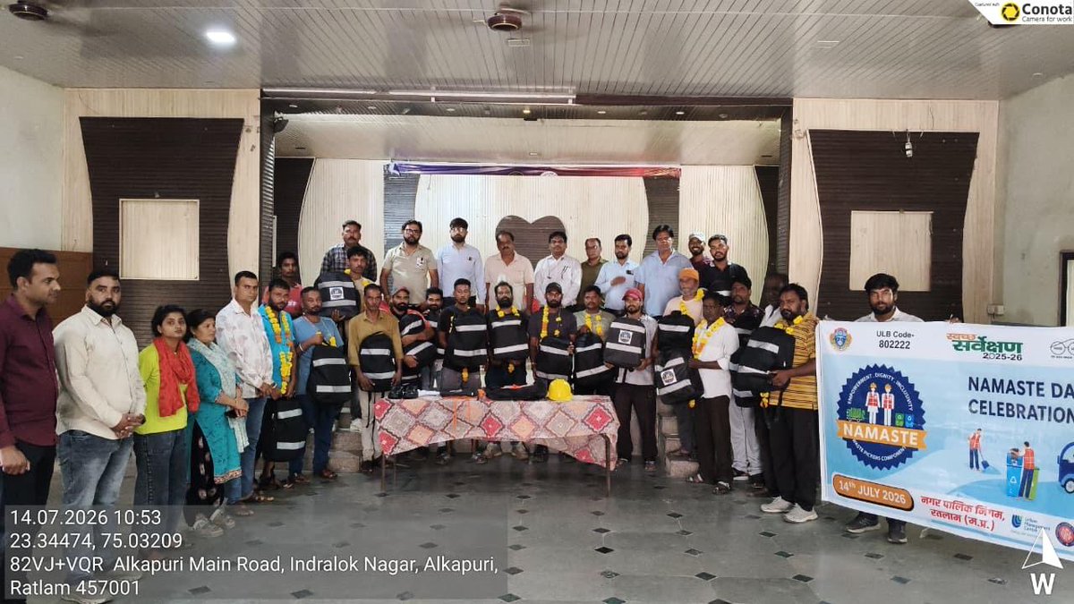MSJEGOI's tweet photo. NAMASTE Day was observed by Ratlam Municipal Corporation, Madhya Pradesh on 14 July 2026 at the Community Hall, Alkapuri. The programme was conducted in the presence of PIU Shri Vinod Kamre, Health Officer Shri Rajendra Singh Panwar, and all Zonal In-charges.

PPE kits were distributed to sanitation workers under the NAMASTE Scheme, and all the workers were felicitated in recognition of their valuable contribution.  

The initiative aims to promote dignity, occupational safety, and informed participation of #SafaiSaathis, while strengthening their livelihoods under the Ministry of Social Justice and Empowerment.

#NAMASTEDAY #SafaiSaathis #SanitationWorkers #WastePickerEmpowerment 

@PMOIndia @narendramodi @AmitShah @Drvirendrakum13 @RamdasAthawale @blvermaup @PIB_India @mygovindia @MIB_India @NISD_India @nskfdc @NSFDC_MOSJE @nbcfdc