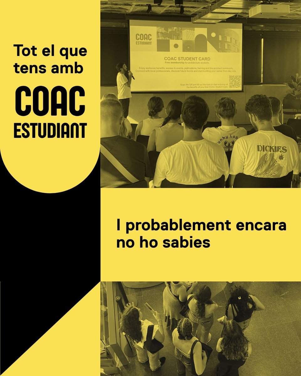 COACatalunya's tweet photo. Tot el que tens com a estudiant d’arquitectura i potser encara no sabies 👀✨

COAC Estudiant t’obre la porta a cultura, comunitat i oportunitats professionals mentre encara ets a la universitat. https://t.co/sa5hnbZT49