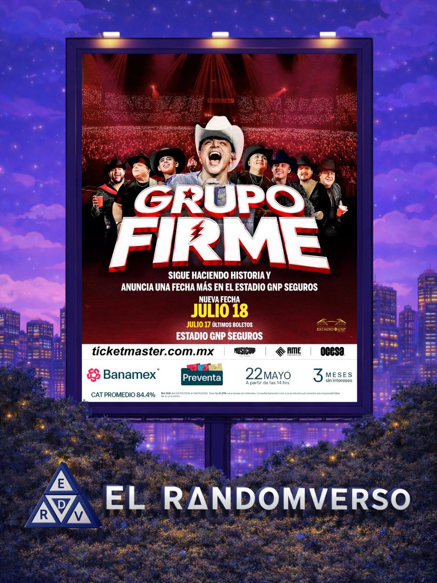 ElRandomverso's tweet photo. .@grupofirme llegará este fin de semana al Estadio GNP Seguros con dos conciertos de La Última Peda 2026. La agrupación encabezada por Eduin Caz se presentará el 17 y 18 de julio ante miles de seguidores en la Ciudad de México. https://t.co/OSNmARfC2S