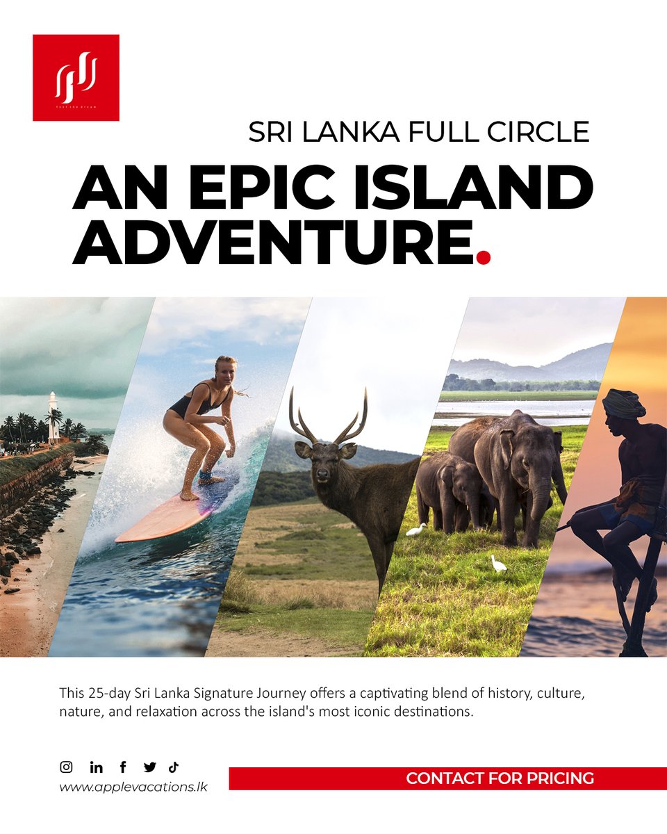 AppleVacationss's tweet photo. An Epic 25-Day Island Adventure Across Sri Lanka

Experience the perfect mix of history, culture, wildlife, scenic landscapes, and relaxing coastal escapes with our Sri Lanka Signature Journey. From ancient cities and hill country views to golden beaches and unforgettable local experiences — every day brings a new adventure across the island.

📩 info@applevacations.com.co
📲 WhatsApp: +94 76 2816641
🌐 https://t.co/qNZboaXA2S

#travelwithapplevacations #applevacationssrilanka #travelsrilanka #srilankatour #islandadventure #exploresrilanka #discoversrilanka #visitsrilanka #srilankatravel #wanderlust