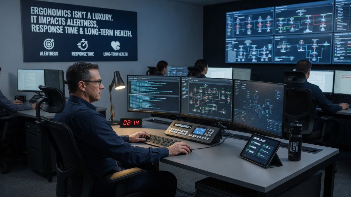 DafniaGroup's tweet photo. Control room operators work in high-stress environments. Ergonomic technical furniture isn't a luxury—it directly impacts operator alertness, response time, and long-term health. https://t.co/QPTJvbcimJ