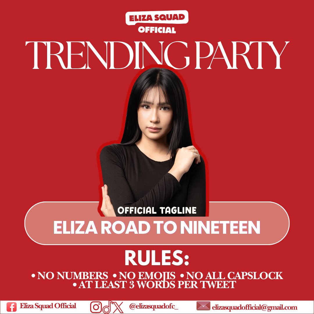 elizasquadofc_'s tweet photo. TRENDING PARTY STARTS NOW!

It's time to fill the timeline with love for Eli!  

Official Tagline 
ELIZA ROAD TO NINETEEN  

Reply " we love you, Eliberry"  as many as you can with the official tagline.  

Reminders:  
- No numbers  
- No Emojis  
- No All Capslock  
- At least three words per tweet   
- Must have at least 100 followers