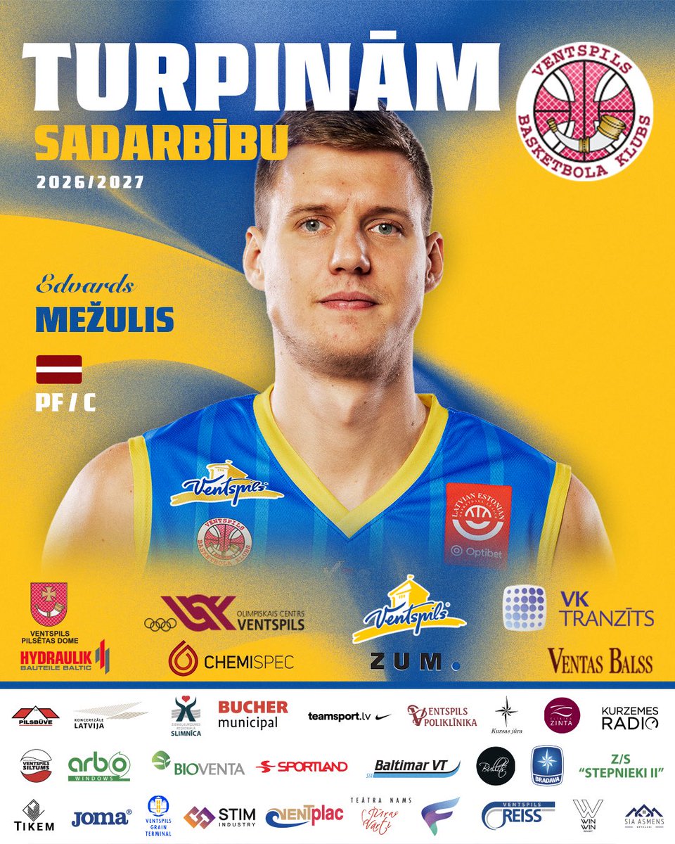 bkventspils's tweet photo. Edvards Mežulis aizvadīs ceturto sezonu mūsu sastāvā! 💪🏼

🤭 Interesants fakts par Edvardu - ikdienā raksta un ēd ar kreiso roku, taču basketbola metienu izpilda ar labo roku

🟡🔵
#MēsVisiParBKVentspils
#PilsētasKomanda https://t.co/VByskTRhrY