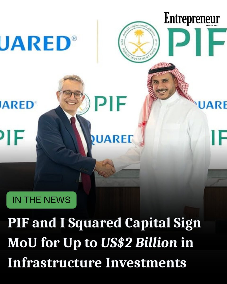 EntMagazineME's tweet photo. Saudi Arabia’s Public Investment Fund (@PIF_en) has signed a memorandum of understanding (MoU) with I Squared Capital, a global infrastructure investment manager, to explore investments of up to US$2 billion in #realestate and infrastructure assets owned by PIF and its portfolio companies.

Under the agreement, I Squared Capital will work with PIF portfolio companies to identify #investment opportunities in digital infrastructure and district cooling, with the firm aiming to allocate up to US$1 billion to each sector.

The companies said the investment scope could expand to include additional related sectors.

Read more HERE: https://t.co/w0OFo2ceR1